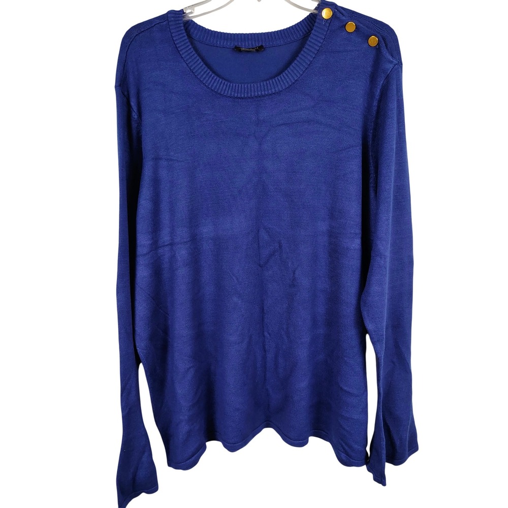 IMAN Womens 1X Blue Gold Button Shoulder Bell Sleeve Knit Sweater Career Chic